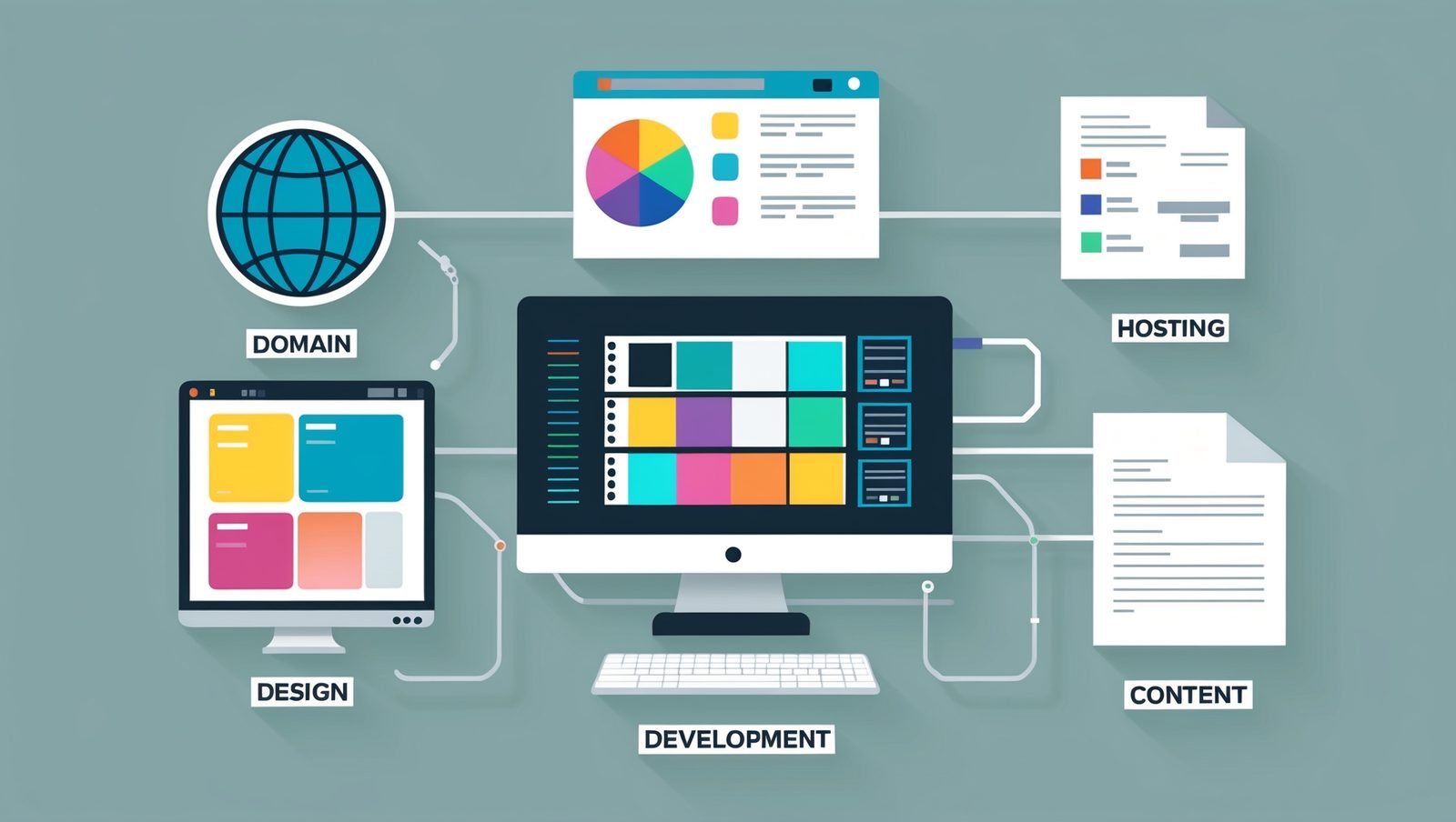 Abstract digital landscape with glowing data points and intertwining lines, representing clarity in web development costs