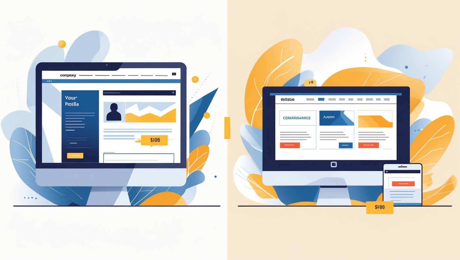 Infographic-style illustration breaking down website components: distinct icons for 'domain name' (globe with www), 'hosting' (server rack or cloud), 'web design' (monitor with design elements/palette), 'development' (code snippets), and 'content creation' (text and image icons)