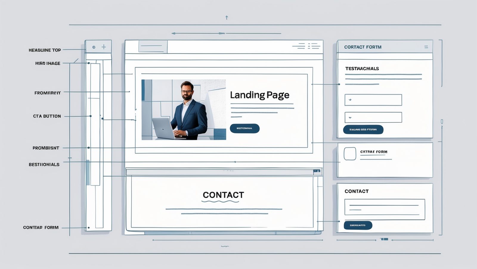 Ilustrasi abstrak digital modern, tata letak landing page yang bersih dan minimalis, dengan jelas memisahkan elemen-elemen utamanya: area judul yang berani, placeholder gambar yang menonjol, tombol Call-to-Action yang jelas, dan blok teks ringkas.