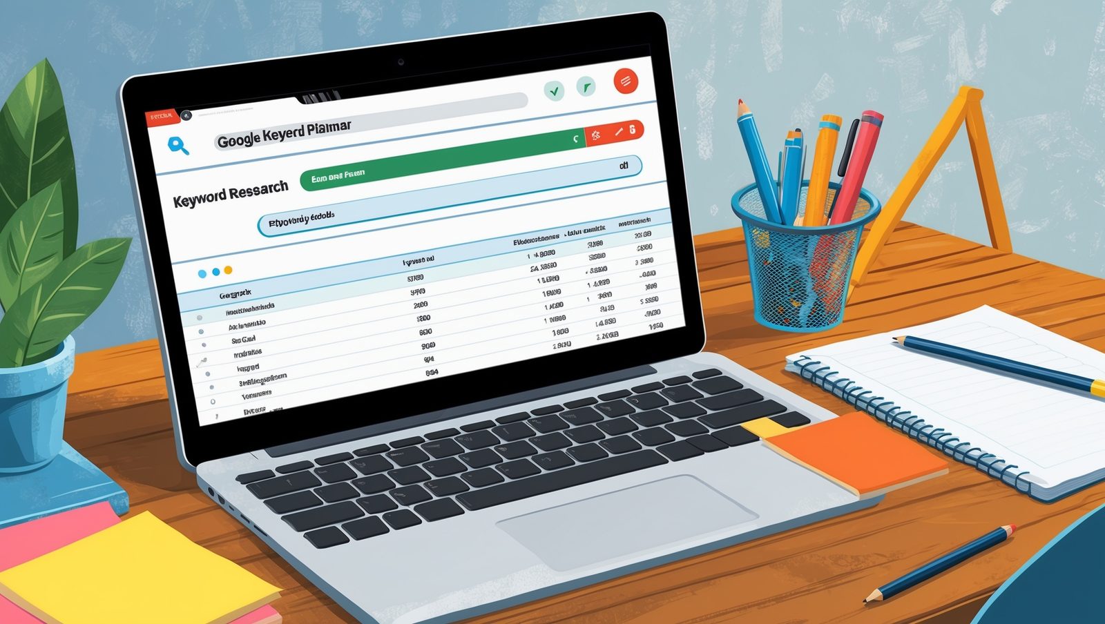 Ilustrasi riset keyword menggunakan tools gratis seperti Google Keyword Planner dan Ubersuggest untuk menemukan kata kunci yang tepat