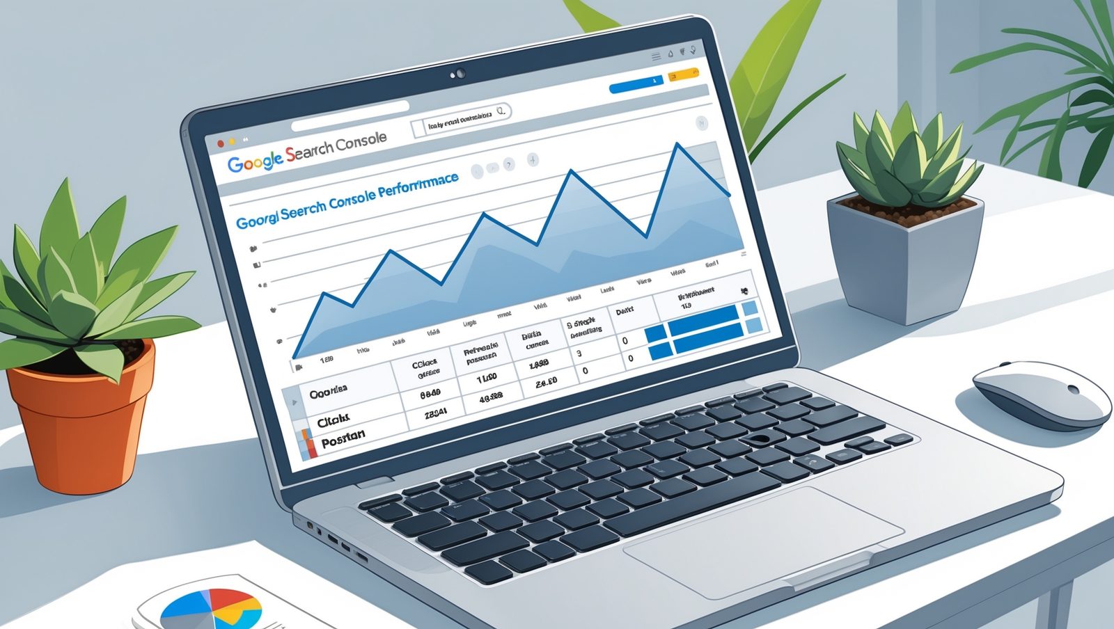 Dashboard Google Search Console yang menampilkan data performa pencarian, klik, dan impresi untuk website bisnis