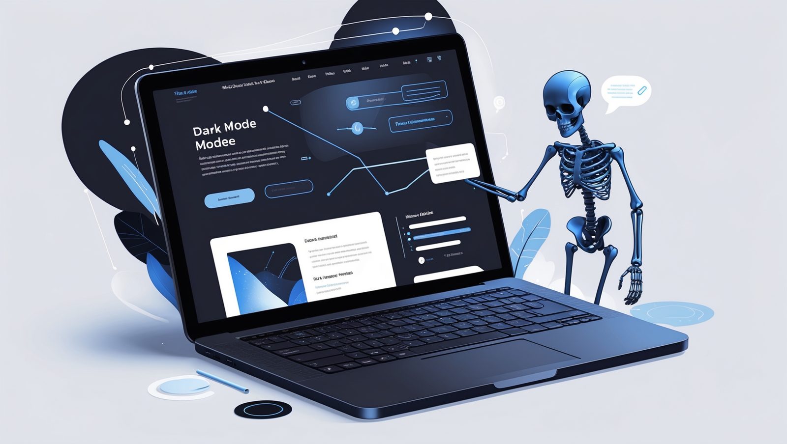 Layar laptop menampilkan website modern dengan elemen 3D, dark mode, dan chatbot AI di pojok kanan bawah