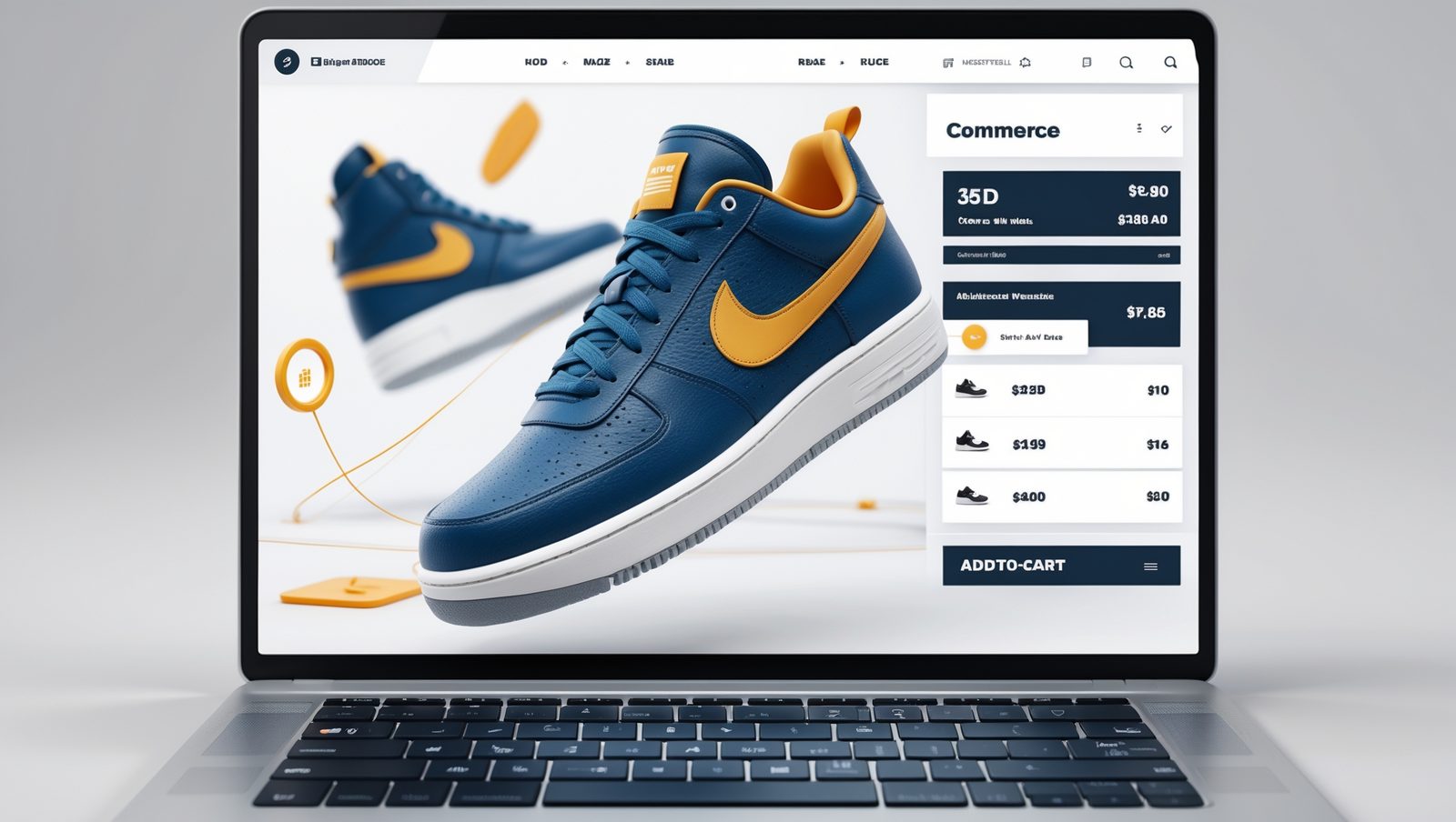 Tampilan website e-commerce dengan fitur product viewer 3D, pengunjung bisa memutar produk sepatu dengan gesture swipe