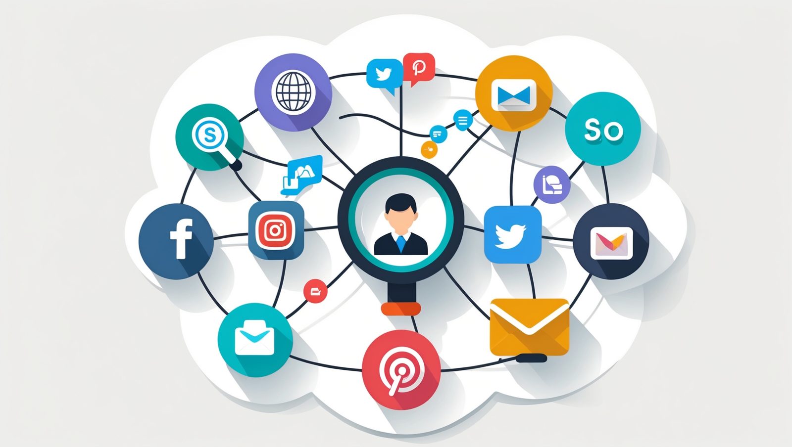 Ilustrasi abstrak modern yang menggambarkan berbagai elemen digital marketing (SEO, iklan, media sosial, konten) sebagai modul yang saling terhubung, membentuk sistem yang efisien dan komprehensif