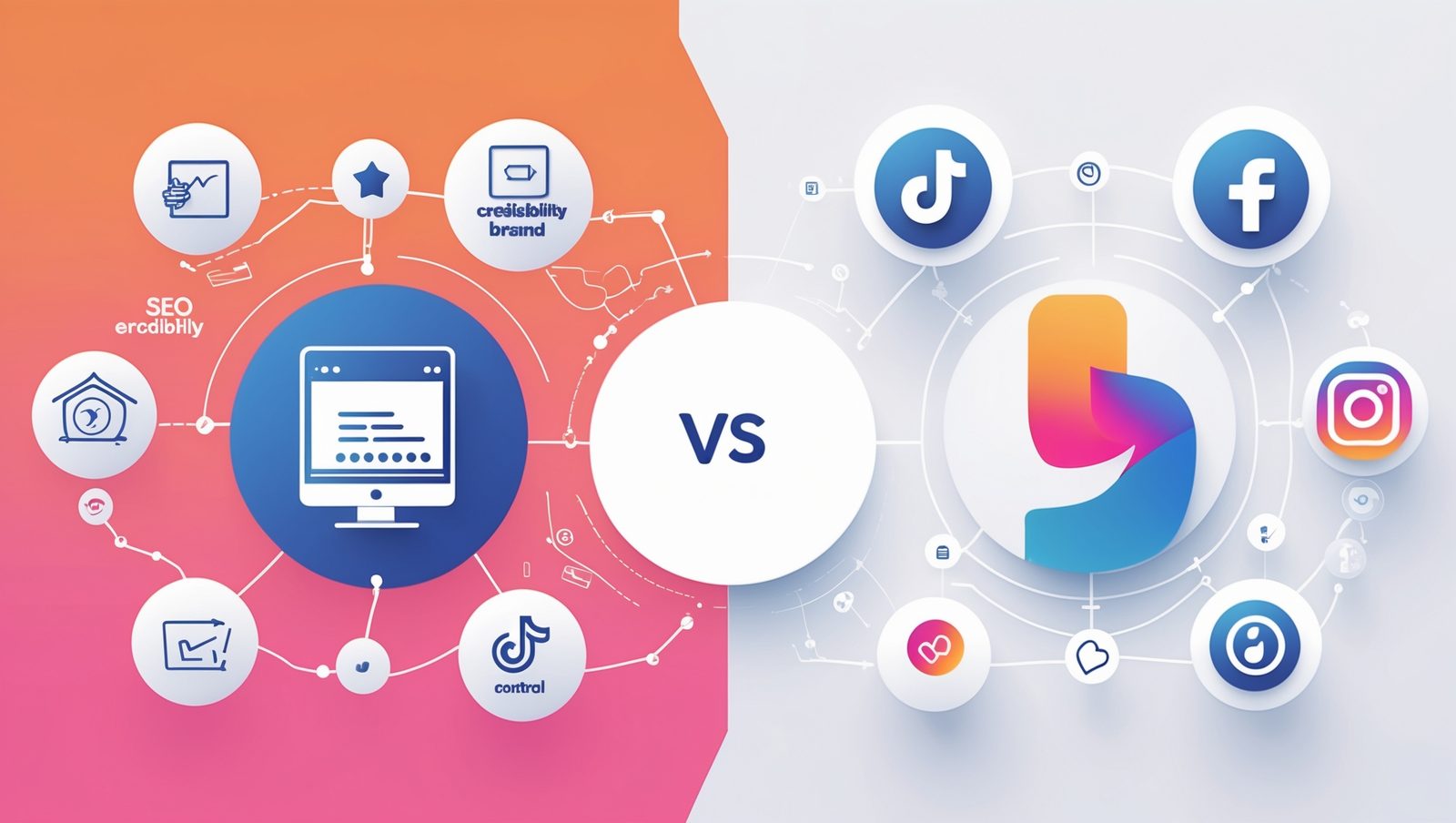 Diagram perbandingan: di sisi kiri terlihat ikon website dengan panah menuju SEO, kredibilitas, dan kontrol brand; di sisi kanan terlihat ikon media sosial dengan panah menuju engagement, jangkauan, dan komunitas.