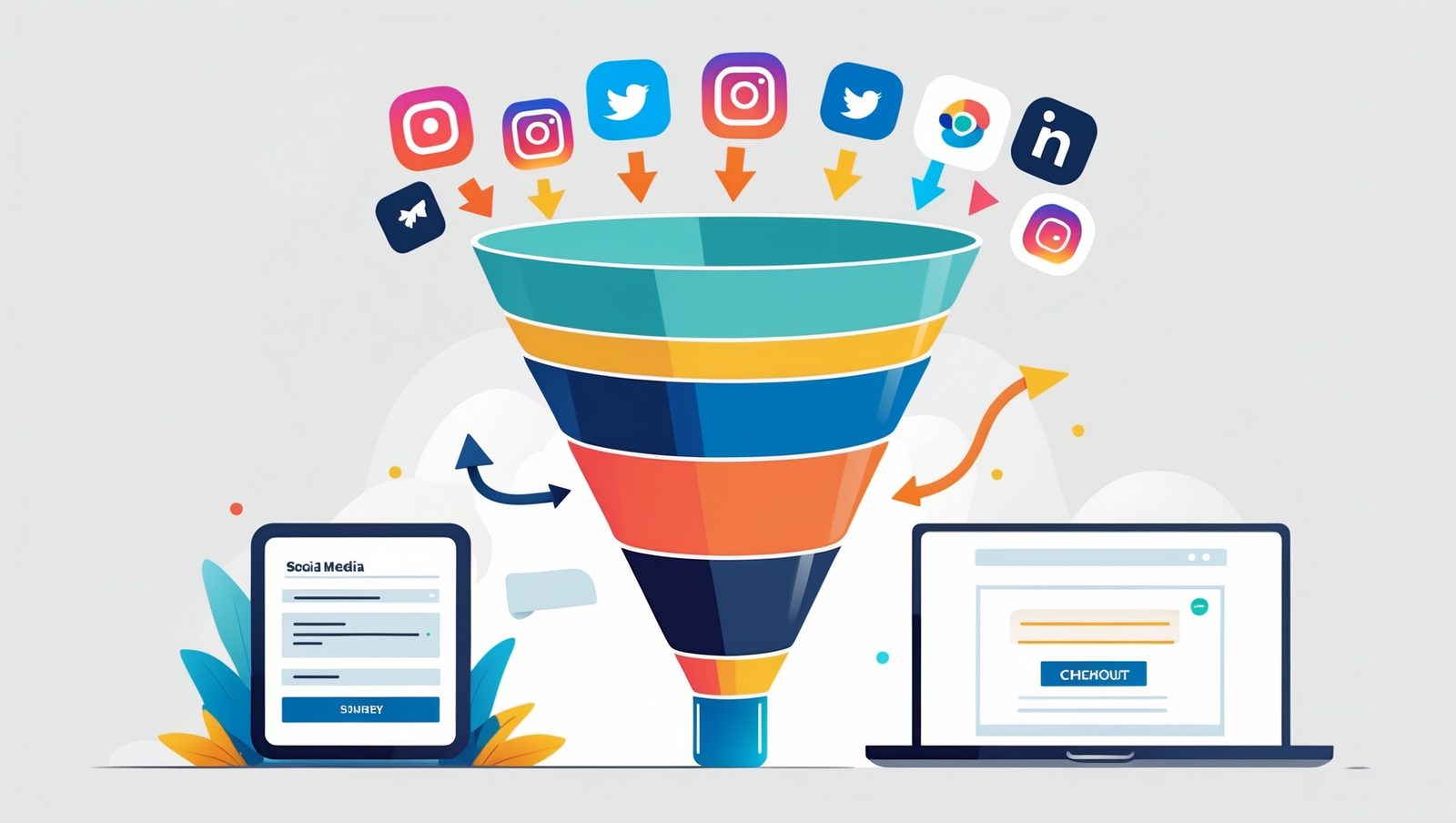 Ilustrasi funnel digital marketing: di bagian atas terlihat logo media sosial (Instagram, TikTok, Facebook) mengalirkan pengunjung ke bawah menuju sebuah website yang menampilkan halaman checkout.