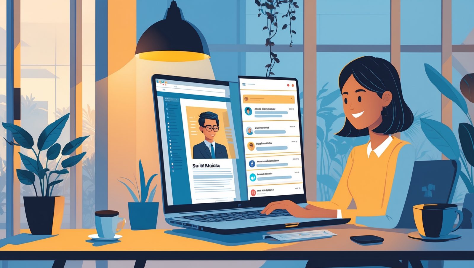 Ilustrasi seorang pemilik UMKM duduk di depan laptop, di satu sisi layar terlihat tampilan website profesional, di sisi lain terlihat feed media sosial ramai notifikasi.